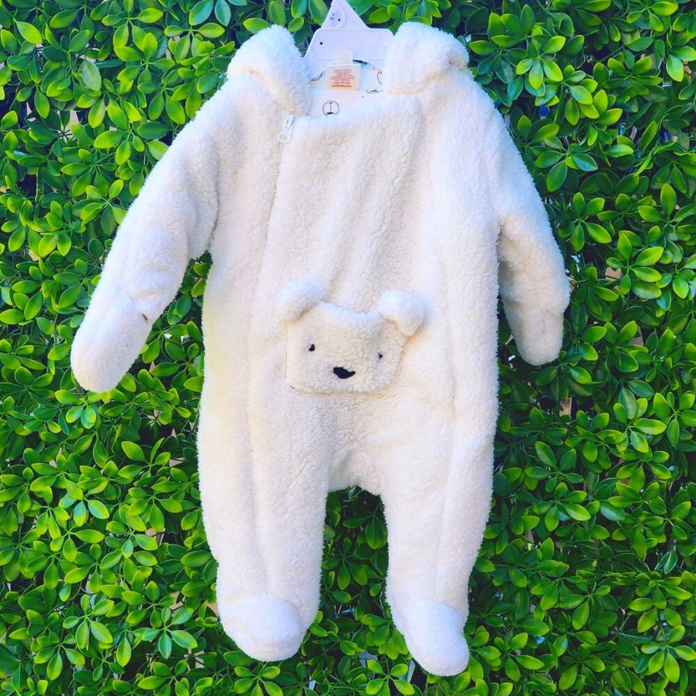 3-6 mths Baby Polar Bear fuzzy Sherpa Bunting One-piece Snowsuit